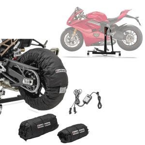 Set: Zentralständer Ducati Panigale V4 / S 18-21 Motorradheber Power-Evo + Reifenwärmer Set Snaefell 30-99°C Digital für Vorderrad und Hinterrad_1