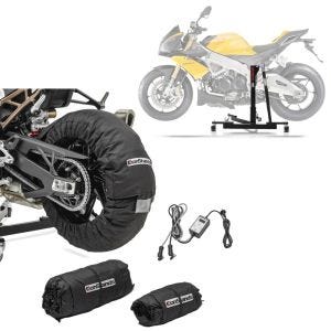 Set: Zentralständer Aprilia Tuono V4 1100 Factory 15-21 Power-Evo + Reifenwärmer Set Snaefell 30-99°C Digital für Vorderrad und Hinterrad_1