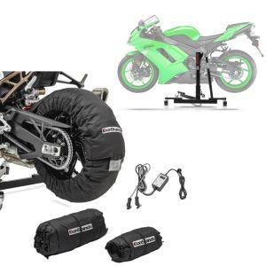 Set: Zentralständer Kawasaki ZX-6R 03-06 Motorradheber Power-Evo + Reifenwärmer Set Snaefell 30-99°C Digital für Vorderrad und Hinterrad_1