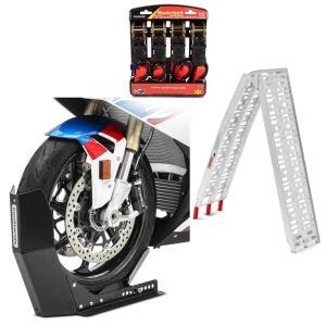 Set: Auffahrrampe Alu CS1 + Motorradwippe Easy Fix klappbar max. 340kg + Spanngurt Set mit Ratsche und Haken inkl 4x Zurrschlaufe in schwarz_1