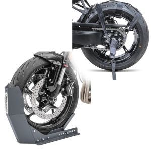 Set: Wheel Chock Easy-Fix Front Stand up to 21 Inch grey + rear wheel tie down straps for transport 