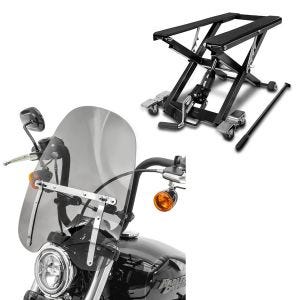Set: Hydraulische Hebebühne Harley Davidson Freewheeler ConStands Mid-Lift XL schwarz + Windschild CW1 für Harley Dyna Street Bob, Freewheeler dunkel getönt Craftride_1
