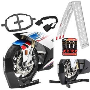 Set: Motorcycle front wheel chock Easy Fix + ratchet straps hooks + tie down straps ConStands black-red + Motorcycle aluminium loading ramp CS1 set wheel chock Easy Plus folding max 750 lbs