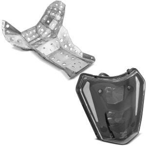 Set: Skid Plate Protection compatible with KTM EXC 300 250 14-16 Aluminium Exhaust Pipe Guard with LED Headlight ECE DRL SW1
