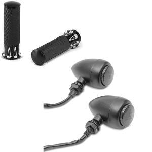 Set: Handlebar Hand Grips 1" Inch CG12 Billet CNC + LED indicators / turn signals BL15