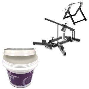 Mounting paste for motorcycle tires + tire mounting device set with wheel balancer for motorcycle tires