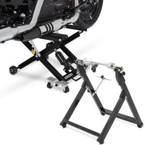 Set: Motorbike Scissor Lift Midlift XL 1100 lbs in blk ConStands with Wheel balancer for motorcycle WU-2 Tire balancer blk
