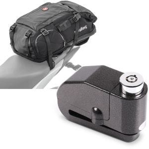 Set: Motorcycle Backpack HX5 waterproof 45Ltr with helmet strap Bagtecs with Alarm Brake Disc Lock 120dB blk