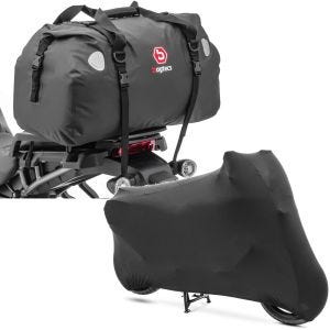 Set: Motorcycle tail bag XF60 wp. Volume 60l Bagtecs with Motorcycle tarpaulin cover Indoor XL-XXL Stretch garage blk