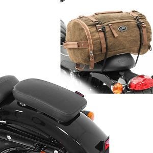 Set: Motorcycle Tail Bag Vintage 25L brown Craftride with Pillion Seat Pad Suction Cup for Custom Bikes Glider X blk