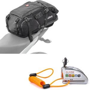 Set: Motorcycle Backpack HX5 waterproof 45Ltr with helmet strap Bagtecs with Alarm Brake Disc Lock 110dB chrome