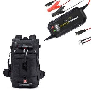 Set: Motorcycle Backpack HK4 Tail bag 45Ltr blk Bagtecs with Motorcycle battery charger BC2 12V / 4.92 ftA