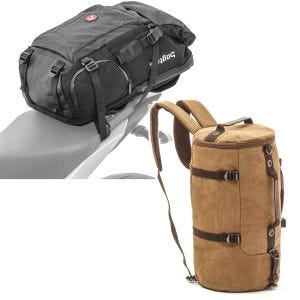 Set: Motorcycle Backpack HX5 wp. 45Ltr with helmet strap Bagtecs with Motorcycle Backpack VG8 Canvas 35Ltr Vintage brown