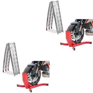2x Set: aluminium loading ramp max. 750 lbs folding for scooter quad ATV + Wheel Chock Easy-Plus Front Stand up to 21 Inch red