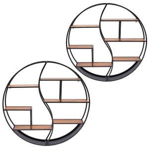 Set of 2 Wall shelf round wood with metal frame Divit floating shelf with 6 shelves 31.50 inch diameter RE15 black