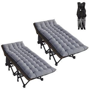 2x Folding camp bed including cushion Divit GI19 garden lounger sun lounger with carrying bag up to 440 lbs grey black