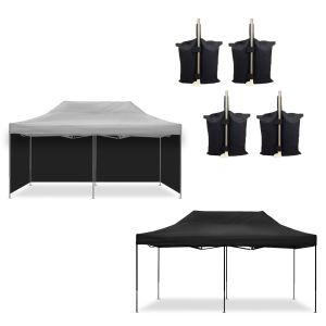 Rennzelt 3x6m faltbar Tourtecs Faltpavillon für die Rennstrecke + 4x Pavillon Seitenwände faltbar Zeltwände passend für Rennzelt 3x6m + 4x Pavillon Gewichte PG4 schwarz