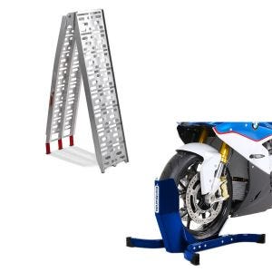 Set: aluminium loading ramp max. 750 lbs folding for scooter quad ATV + Wheel Chock Easy-Plus Front Stand up to 21 Inch blue