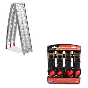 Set: Auffahrrampe bis 340 kg Alu-I klappbar + Spanngurt Set mit Ratsche und Haken inkl 4x Zurrschlaufe in rot_1