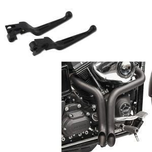 Set: Craftride Exhaust Muffler Drag Pipe Motorbike Rear Silencer fits for Harley Davidson Sportster Dyna Softail Touring black + Brake and Clutch Lever Set Stripe fits for Harley Davidson Sportster Dyna Softail Touring 96- black Craftride