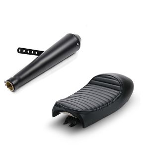 Set: Exhaust Muffler Cone Rear Silencer Caferacer universal + Seat for Cafe Racer Rebuilding Hump 