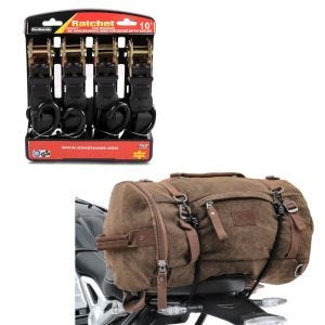 Set: Hecktasche Vintage 35L Canvas Rucksack Gepäckrolle braun + Spanngurt Set Ratsche mit 4x Zurrschlaufe schwarz_1