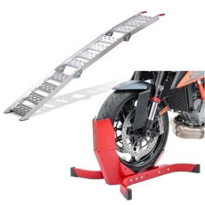 Set: Auffahrrampe bis 270 kg Alu-III dreifach klappbar + Wippe Easy-Plus ständer bis 21 Zoll rot_1
