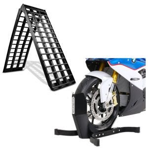 ,Set: Aluminium Loading Ramp V ,, max. 1500 lbs,, folding,, for + Wheel Chock Easy-Plus Front Stand up to 21 Inch -matt,
