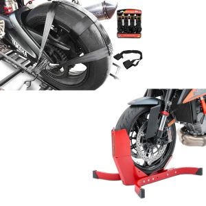 Set: Hinterrad und Lenker Zurrgurt mit 4x Ratschen-Spanngurten Set + Motorradwippe Easy-Plus Motorradständer bis 21 Zoll rot_1