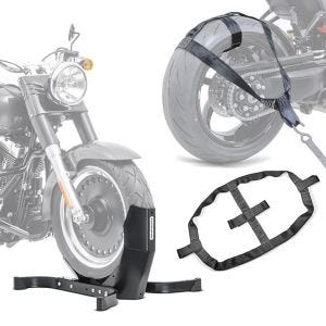 Set: Motorradwippe Easy-Plus Motorradständer bis 21 Zoll schwarz-matt + Hinterrad Zurrgurt mit 4x Ratschen-Spanngurten Set Abspanngurt_1