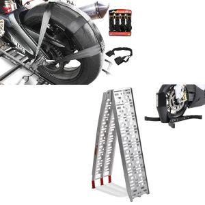 Set: Auffahrrampe Alu CS1 + Motorradwippe Easy Plus klappbar max. 340kg + Hinterrad und Lenker Zurrgurt mit 4x Ratschen-Spanngurten Set_1