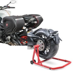 Set: Seitentaschen RF1 für Ducati Diavel / S + Einarmständer Ducati Diavel / S 11-20 Montageständer ConStands Single-Classic rot_1