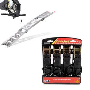 Set: Motorcycle aluminium loading ramp CS3 set wheel chock Easy Plus folding max 595 lbs + Motorbike Straps Set ConStands with ratchet and hooks incl 4x load loops in black