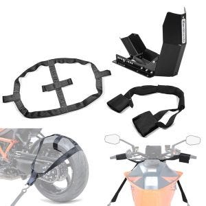 Set: Set: handlebar tie-down strap/belt + rear wheel tie down straps for transport  + Wheel Chock ConStands Easy-Fix Front Stand up to 21 Inch black