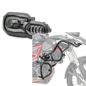 Set: LED Headlight compatible with BMW F 800 GS / Adventure 08-18 Headlamp ECE Lumitecs QL2 + Engine Guard Set compatible with BMW F 800 GS 13-17 upper and lower part crash bars