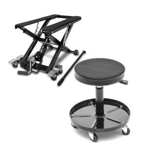 Set: Scissor Lift for Cruiser Hydraulic Jack ConStands Midlift XL black + Workshop stool on wheels ConStands WS2 workshop seat adjustable black CB39029