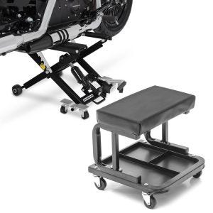 Set: Motorbike Scissor Lift ConStands Midlift XL Hydraulic Jack 1100 lbs in black + Workshop stool on wheels ConStands WS3 workshop seat black