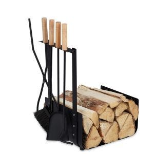 ,Firewood basket with fireplace cutlery 4-piece metal Divit fireplace accessories with shovel,, ash brush,, tongs and poker ME100 black,