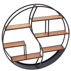 Wall shelf round wood with metal frame Divit floating shelf with 6 shelves 31.50 inch diameter RE15 black DPL1