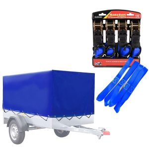 Set Anhängerplane wasserfest mit Gummigurt + 4x Spanngurte mit Ratsche und Zurrschlaufen Vanit PS2 blau